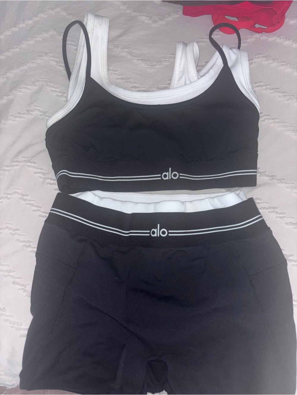 ALO Yoga Black and White Contrast Seamless Sports Bra & Shorts